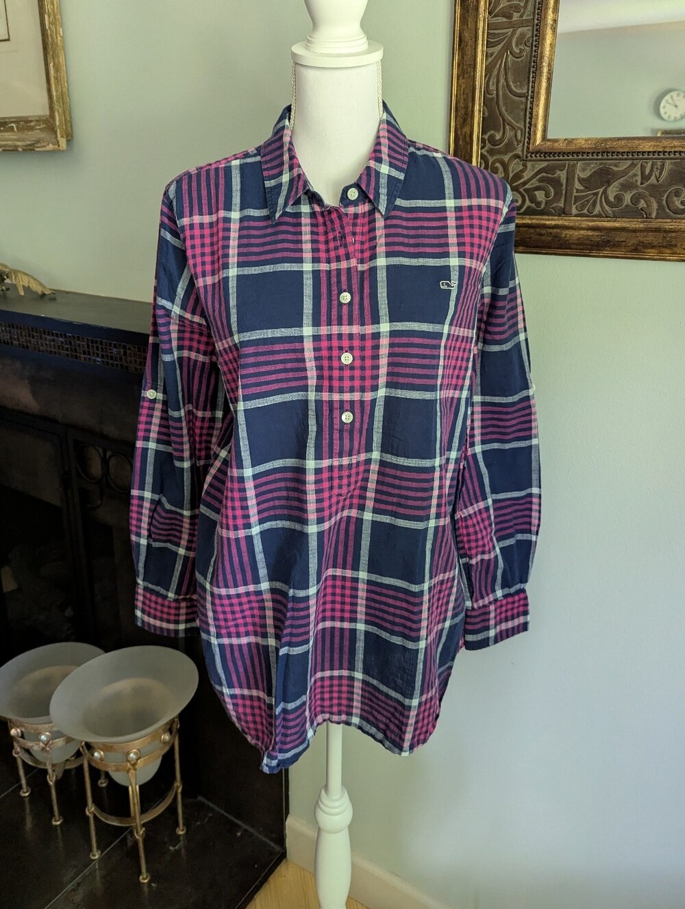 Vineyard Vines Women's 12 Harbor Plaid Relaxed Popover Tunic Shirt Pink Blue